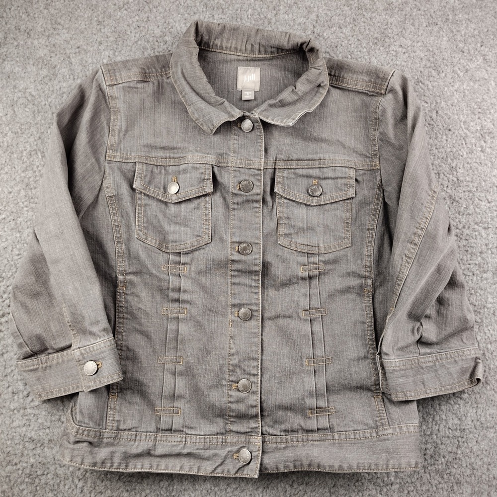 J. Jill Gray Stretch Denim Jacket Womens Small 3/4 Sleeve Button Front Gray